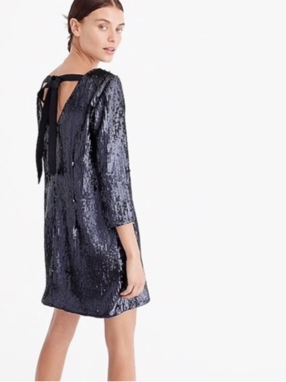 J. Crew Chic Navy Blue Tie Sequin 3/4 Sleeve Mini Party Formal Dress Size 2